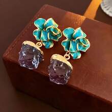 1 对银针不对称油滴玫瑰花耳环，奢华时尚紫水晶耳坠，高端感性礼物 - 彩色 - 查看 3