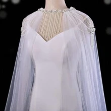 1pc Bridal Shawl With Pearls, Pearl Tulle Wedding Cape For Wedding Party Show - White - View 3