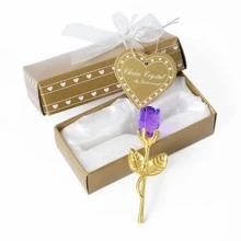 Purple Flower Crystal Glass Rose With Gold Stem - Valentine's Day Gift - Goldenrod Purple Flower - View 1