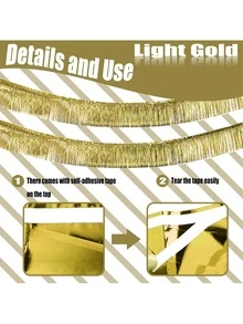 6入組10英尺淺金色箔片花邊裝飾,金屬金屬亮片彩帶牆掛式簾幕背景旗幟,適用於遊行花車、單身派對、婚禮、生日派對裝飾 - 淺金 - 查看 4