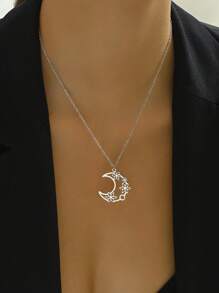 1pc Fashion Stainless Steel Geometric Moon Pendant Necklace, Suitable For Women's Daily Wear, Festival Gift - Moon - View 4