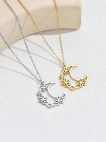 1pc Fashion Stainless Steel Geometric Moon Pendant Necklace, Suitable For Women's Daily Wear, Festival Gift - Moon - View 5