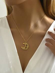 1pc Fashion Stainless Steel Geometric Moon Pendant Necklace, Suitable For Women's Daily Wear, Festival Gift - Moon - View 1