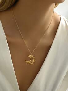 1pc Fashion Stainless Steel Geometric Moon Pendant Necklace, Suitable For Women's Daily Wear, Festival Gift - Moon - View 2
