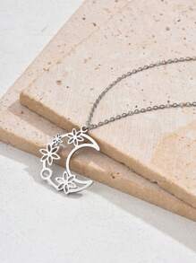 1pc Fashion Stainless Steel Geometric Moon Pendant Necklace, Suitable For Women's Daily Wear, Festival Gift - Moon - View 7