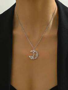 1pc Fashion Stainless Steel Geometric Moon Pendant Necklace, Suitable For Women's Daily Wear, Festival Gift - Moon - View 3