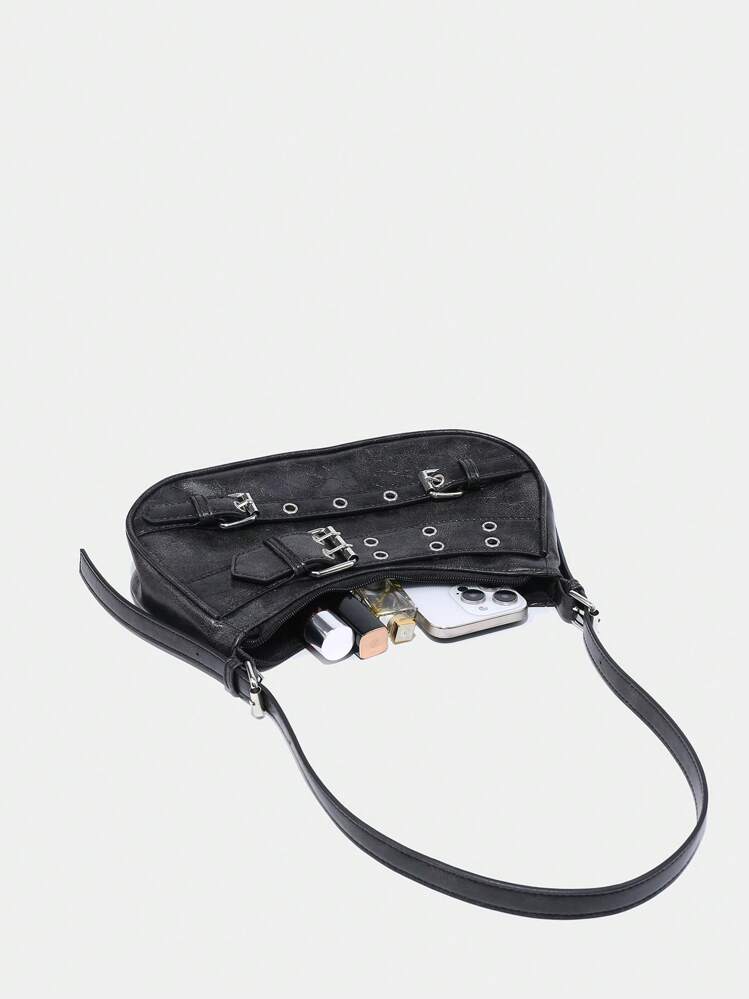1pc Black PU Leather Y2K Gothic Fashionable Type Shoulder Bag With