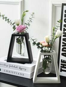 1個木質水耕花瓶，復古風格花瓶，透明玻璃花瓶底座，木製框架，桌上家居裝飾 - 黑色 - 查看 2