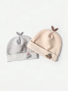 2pcs Random Newborn Baby Beanie Cute Elephant & Sprout Design Double-Layered Warmth Headwear 0-6 Infant Hat - Multicolor - View 4