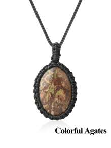 1個橢圓自然石項鍊水晶項鍊,繩套裝自然石英項鍊,適用於女士男士編織靈性飾品 - Necklace - 查看 25