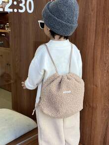 Kids' Shearling Drawstring Backpack, Solid Color Cinch Bag, Casual Ins Style Schoolbag For Autumn/Winter - Khaki - View 3