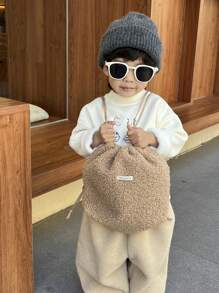 Kids' Shearling Drawstring Backpack, Solid Color Cinch Bag, Casual Ins Style Schoolbag For Autumn/Winter - Khaki - View 1