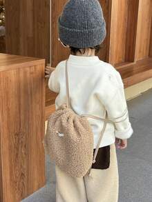 Kids' Shearling Drawstring Backpack, Solid Color Cinch Bag, Casual Ins Style Schoolbag For Autumn/Winter - Khaki - View 6