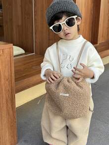 Kids' Shearling Drawstring Backpack, Solid Color Cinch Bag, Casual Ins Style Schoolbag For Autumn/Winter - Khaki - View 2