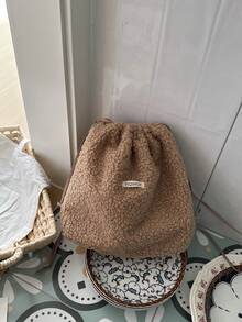 Kids' Shearling Drawstring Backpack, Solid Color Cinch Bag, Casual Ins Style Schoolbag For Autumn/Winter - Khaki - View 5