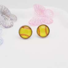 女性女孩適用的兩對不過敏玻璃嵌板壘球造型耳針,不鏽鋼材質 - 黃色 - 查看 5