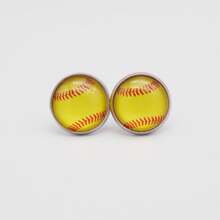 女性女孩適用的兩對不過敏玻璃嵌板壘球造型耳針,不鏽鋼材質 - 黃色 - 查看 2