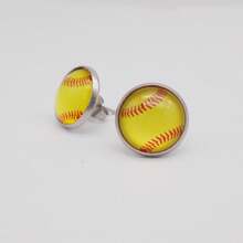 女性女孩適用的兩對不過敏玻璃嵌板壘球造型耳針,不鏽鋼材質 - 黃色 - 查看 3