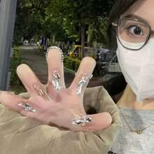 Glamour 24 Piezas De Uñas Postizas elegante diseño coreano 3d Al Estilo Francés Brillante Falsas Uñas Para Mujeres/niñas incluye lima y pegamento - Plateado - Ver 3