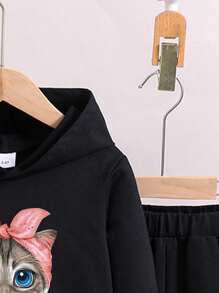 幼童女孩貓紋印花連帽衫和運動褲套裝,適用於冬季 - 黑色 - 查看 3