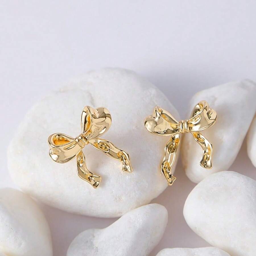 1 對優雅蝴蝶結設計女用耳環,多功能珠寶 - 金色 - 查看 1