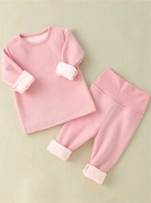 Baby Girl Solid Color Thermal Lined Long Sleeve Top And Long Pants Set - Pink - View 1