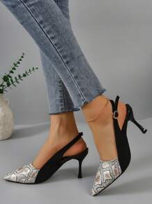 小尺碼高跟女鞋,法式復古風格,尖頭,舒適,細高跟,時尚水鞋,春/夏/秋/冬系列,女士拼接黑色涼鞋 - 黑色 - 查看 3