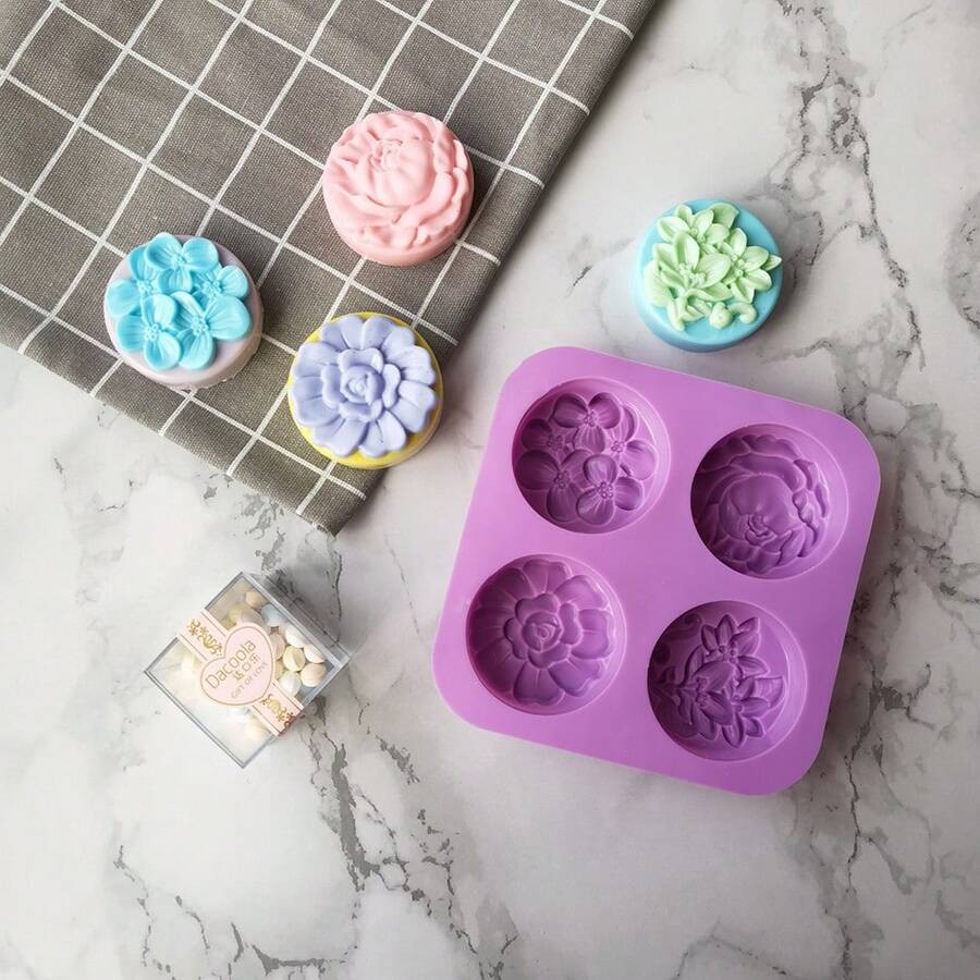 1入組花形肥皂模具矽膠圓形手工肥皂模具4種花形diy矽膠模具 - 紫色 - 查看 1