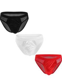 3pcs Men's Breathable, Comfortable, Elastic, Transparent Underwear Set, Black/White/Red - Multicolor - View 1