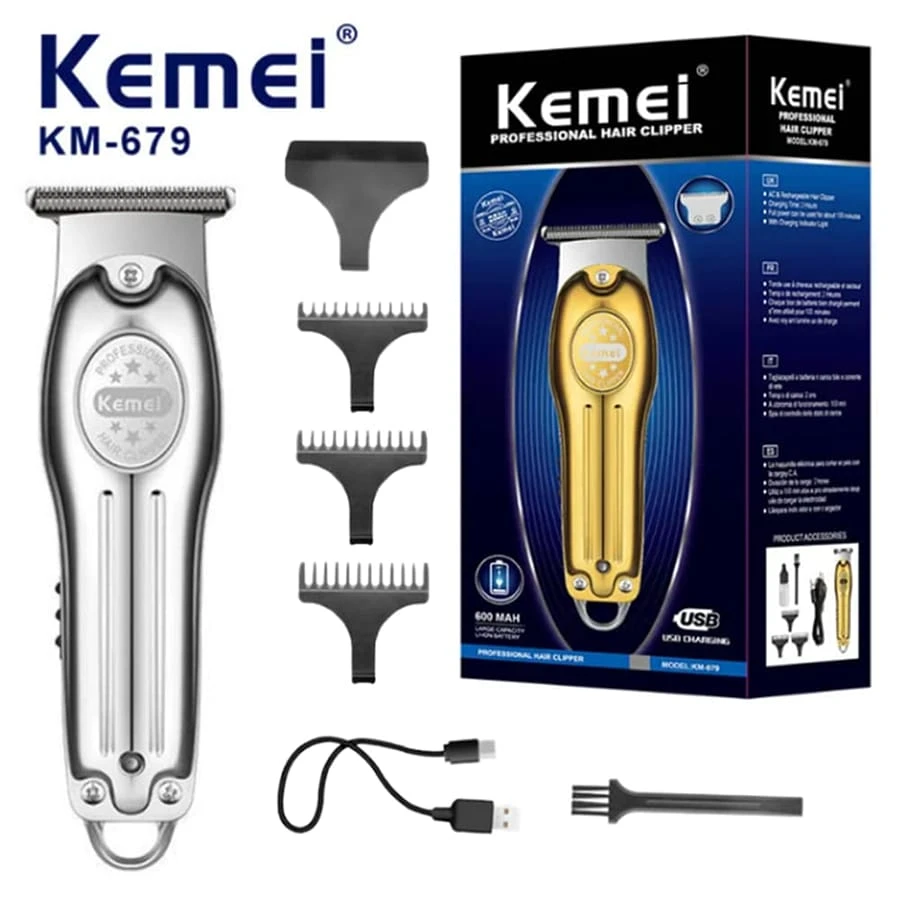 Kemei 金属机身自动磨油头推剪理发器，家庭沙龙使用 - 灰色 - 查看 1
