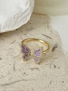 5入組蝴蝶開口戒指,獨特設計,珍珠裝飾,時尚感,適合少女 - 金黃色 - 查看 6