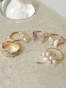 5入組蝴蝶開口戒指,獨特設計,珍珠裝飾,時尚感,適合少女 - 金黃色 - 查看 2