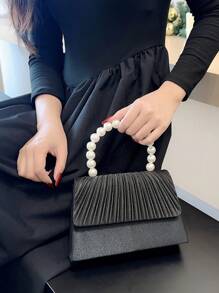 女式奢華人造珍珠手拿包晚餐包,浪漫褶皺設計,方形手提包,適合婚禮、派對、正式活動、新娘手持錢包 - 黑色 - 查看 1
