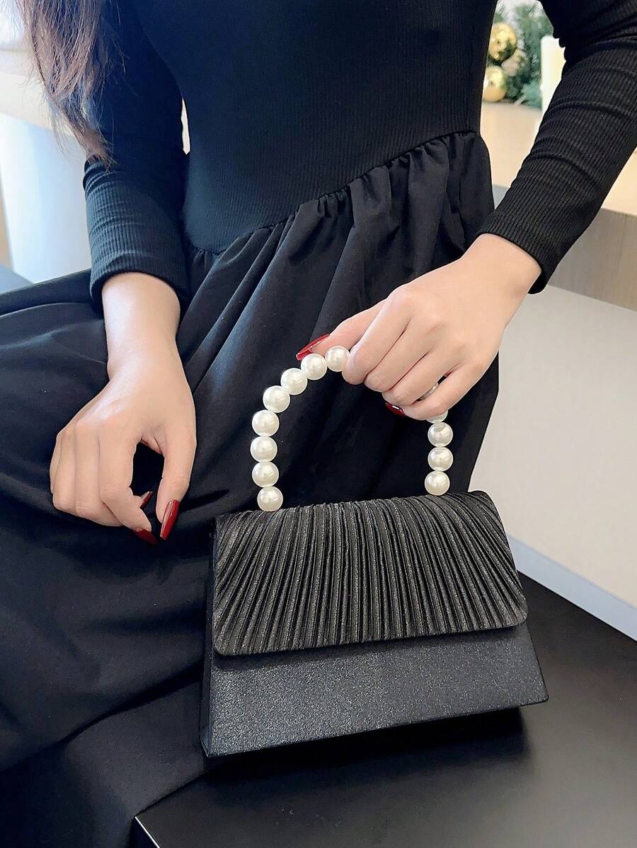 女式奢華人造珍珠手拿包晚餐包,浪漫褶皺設計,方形手提包,適合婚禮、派對、正式活動、新娘手持錢包 - 黑色 - 查看 1