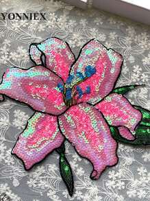 1 件粉色亮片百合花贴片，时尚闪亮熨烫贴片，适用于衣服 DIY 贴花，情人节、夏季、学校等场合。