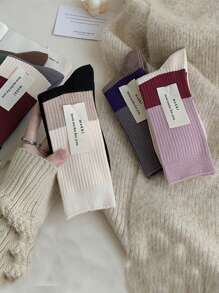 2pairs Randomly Dispatched Women's Knee-High Socks Made Of Colorblock Cashmere With Drawstring - Multicolor - View 7