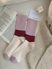 2pairs Randomly Dispatched Women's Knee-High Socks Made Of Colorblock Cashmere With Drawstring - Multicolor - View 4