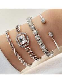 4pcs/Set Classic Fashionable Vintage Twisted Design Bracelet With Imitation Gemstone, Exaggerated Punk Style Wristband - Silver - View 1