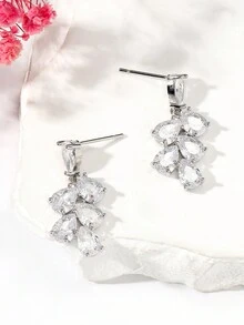 1pair Fashionable Cubic Zirconia Leaf Shaped Copper Earrings For Women's Daily Wear - Silver - View 2