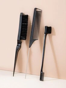 WANMEI 3pcs Hair Styling Brush Set, Including Volumizing Brush, Tail Comb, And Edge Brush, Suitable For Hairline And Nape, Easy Combing And Smooth Hair. Applicable For Barbershops, Beauty Salons, Travel, Back To School, Vacation And Various Occasions. Women's Hair Accessories Set, Including Comb, Hair Brush, Edge Brush, Hair Comb, Detangling Brush, Ball-Shaped Brush - Black - View 1