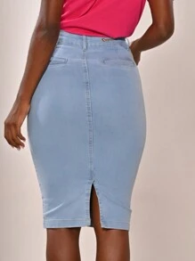 Women Denim Skirts - 中等水洗藍 - 查看 5