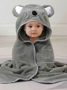 珊瑚絨可愛卡通動物嬰兒浴巾帶帽男女孩新生兒柔軟吸水快乾不掉毛浴袍襁褓毯組合浴巾游泳巾 - 灰色 - 查看 1