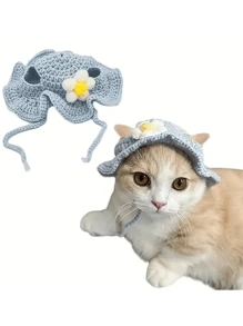 Sombrero de gato suave y lindo de otoño nuevo, disfraz de mascota con forma de flor azul de ganchillo, adorable gorra de gato - Azul - Ver 4