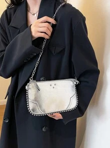 Women's Retro Color Block Beaded Chain Shoulder Bag With Bark Texture Design, Commute Envelope Bag - Silver - View 2