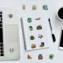 52 件卡通户外露营装备贴纸，Ins 风格，时尚材质图案，适用于玻璃、笔记本、手机壳、行李箱、冰箱、电脑、剪贴簿、书桌装饰，防水自粘贴花 - 彩色 - 查看 11