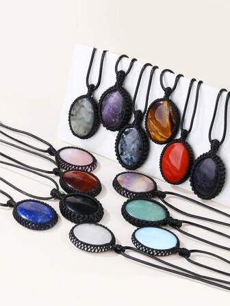 יחידה 1 אובלי אבן טבעית תליון קריסטל שרשראות חלוק עטופות אבן טבעית קוורץ תליון שרשראות לנשים גברים קלוע תכשיטים