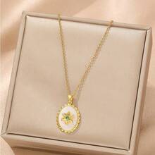1 件镀金不锈钢链式项链，镶嵌方晶锆石、椭圆形贝壳和花朵吊坠，复古时尚的设计，百搭别致，适合女性和情侣，非常适合街头穿着、日常穿着、工作、节日和派对场合 - 金黃色 - 查看 1