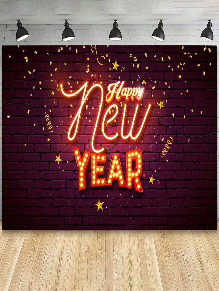 1片2024年快樂新年攝影背景用涤纶織物製成,黑金煙火背景,適合室內外卧室客廳裝飾,並附設免費安裝工具包