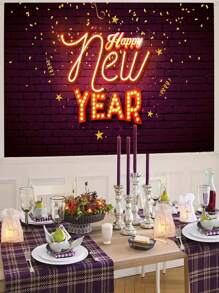 1片2024年快樂新年攝影背景用涤纶織物製成,黑金煙火背景,適合室內外卧室客廳裝飾,並附設免費安裝工具包