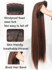 合成纖維長直髮箍半假髮夾片,蓬鬆自然假金髮黑棕色髮飾,配有髮帶 - Light Brown - 查看 5